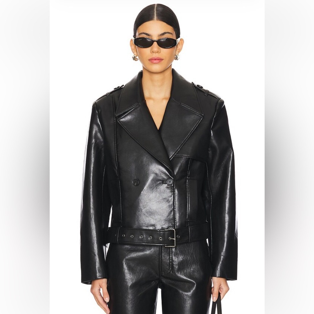 Anine Bing Black Leather Double-Breasted Belted Jacket
